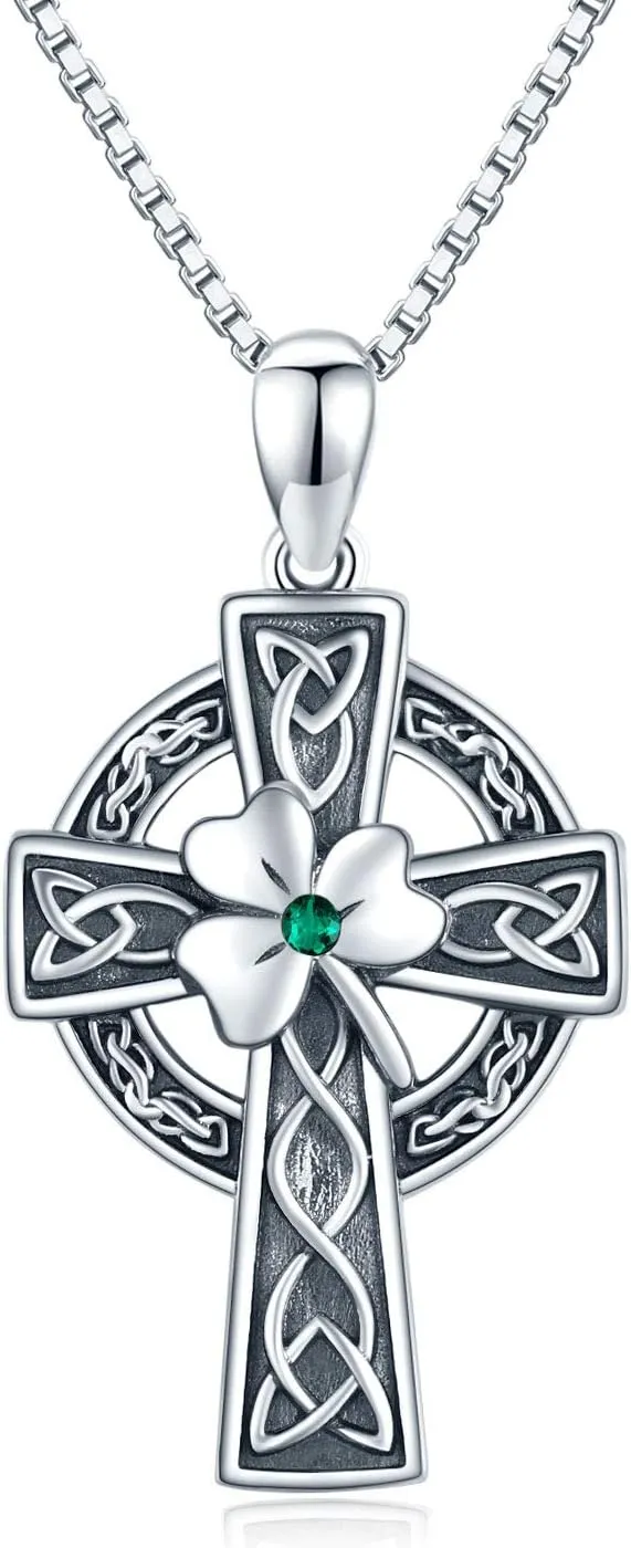 Celtic Cross Necklace for Women, Graduation Gift 925 Sterling Silver Good Luck Clover Necklaces Irish Celtic Knot Cross Vintage Shamrock Celtic Jewelry Gift for Women Girls Teen