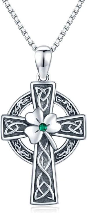 Celtic Cross Necklace for Women, Graduation Gift 925 Sterling Silver Good Luck Clover Necklaces Irish Celtic Knot Cross Vintage Shamrock Celtic Jewelry Gift for Women Girls Teen