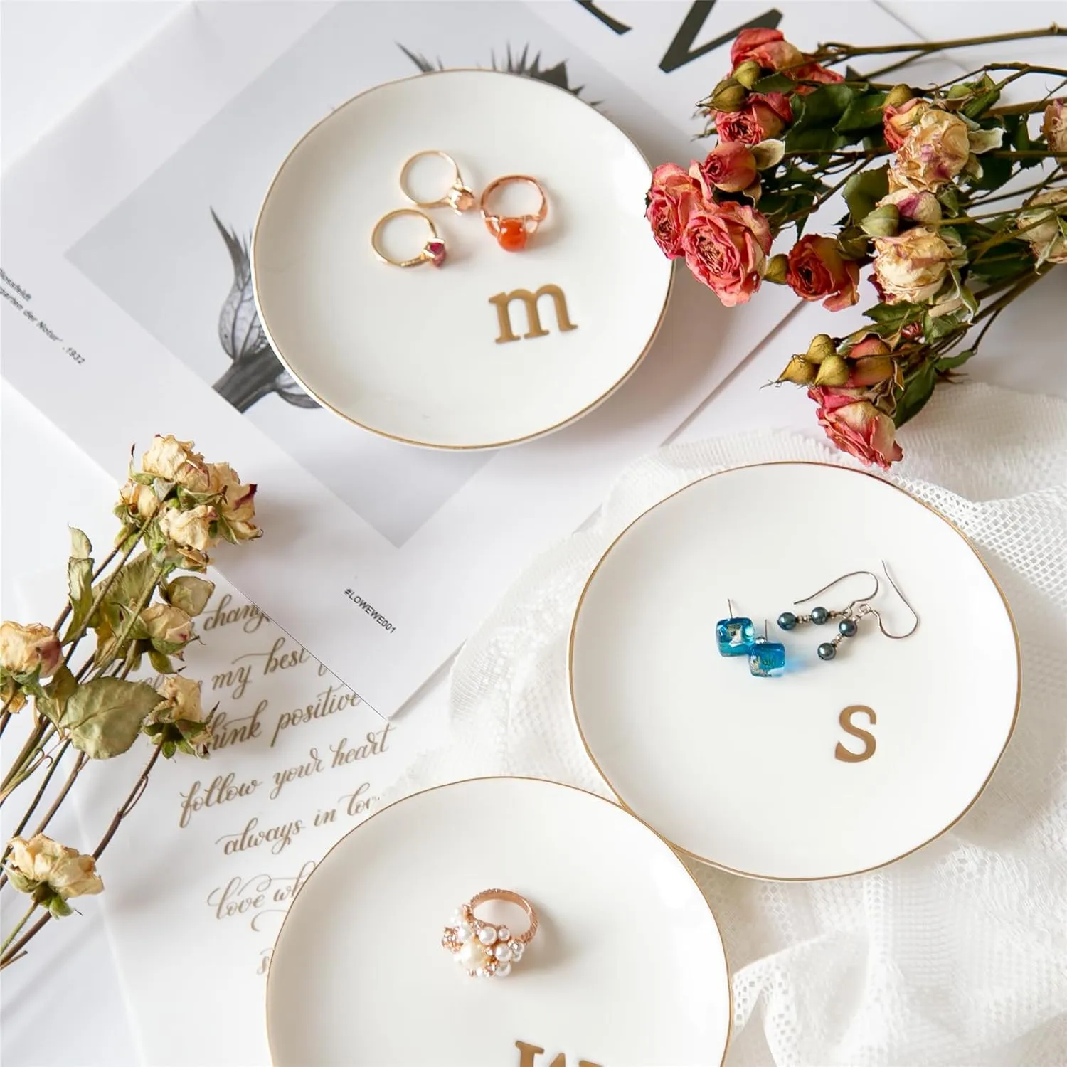 Ceramic Ring Holder for Jewelry, Jewelry Tray, Ring Dish, Aesthetic Room Decor, Engagement Gifts Bride Gifts Wedding Gifts for Women, White, 4.75"(F)