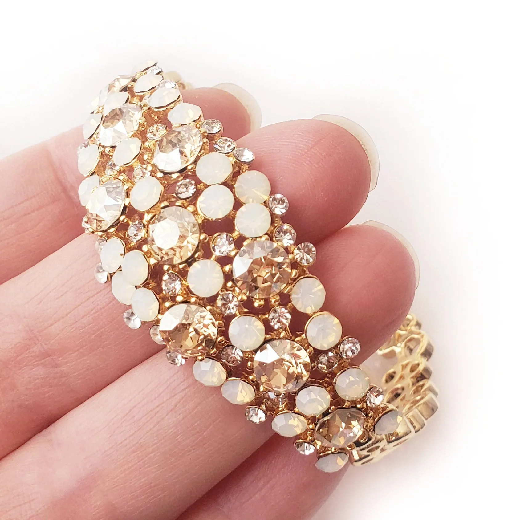Champagne and Opal Rhinestone Earrings or Bracelet Matching Set for Prom
