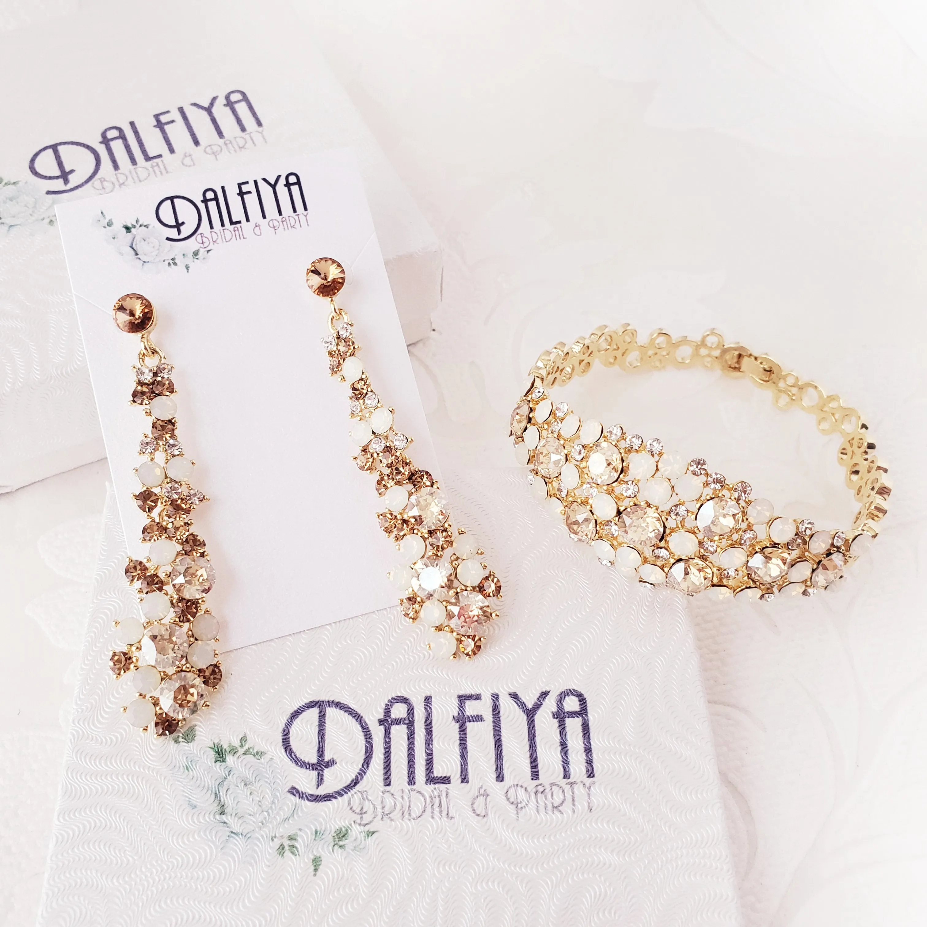 Champagne and Opal Rhinestone Earrings or Bracelet Matching Set for Prom