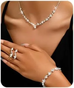 Chargances 4pcs Crystal Wedding Jewelry Set Elegant Rhinestone Necklace Earrings Bracelet Sparkly Wedding Jewelry Sets for Brides Bridesmaid Prom