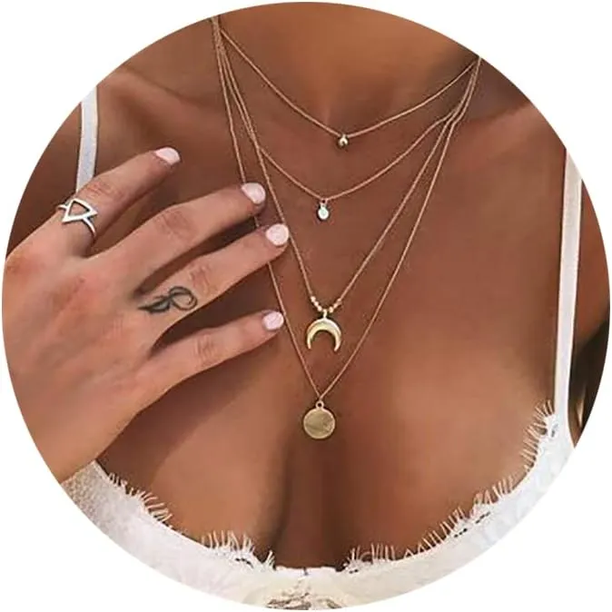 Chargances Bohemia Women Necklace Disc and Moon Necklace Coin Pendant Necklace Delicate Choker Chain Multi layer Necklaces for Women Gold Moon Crescent Disc Jewelry for Women