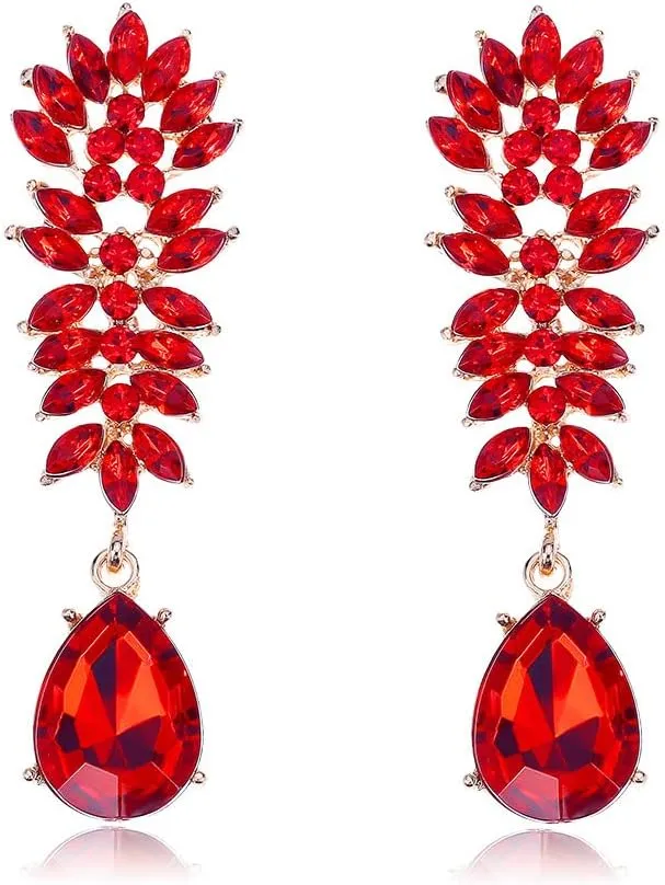 Chargances Bridal Rhinestone Teardrop Earrings Elegant Leaf Crystal Long Dangle Chandelier Earrings Wedding Statement Costume Jewelry for Women