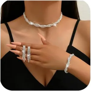 Chargances Crystal Bridal Jewelry Set 4pcs Elegant Rhinestone Twisted Necklace Bracelet Tassle Dangle Earrings Set Sparkly Wedding Accessories for Women (Style 3)
