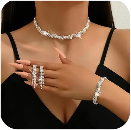 Chargances Crystal Bridal Jewelry Set 4pcs Elegant Rhinestone Twisted Necklace Bracelet Tassle Dangle Earrings Set Sparkly Wedding Accessories for Women (Style 3)
