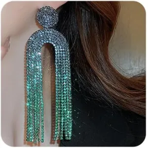 Chargances Elegant Rhinestone Tassel Long Earrings Sparkly Linear Fringe Crystal Dangle Earrings Vintage Bridal Party Statement Jewelry for Women
