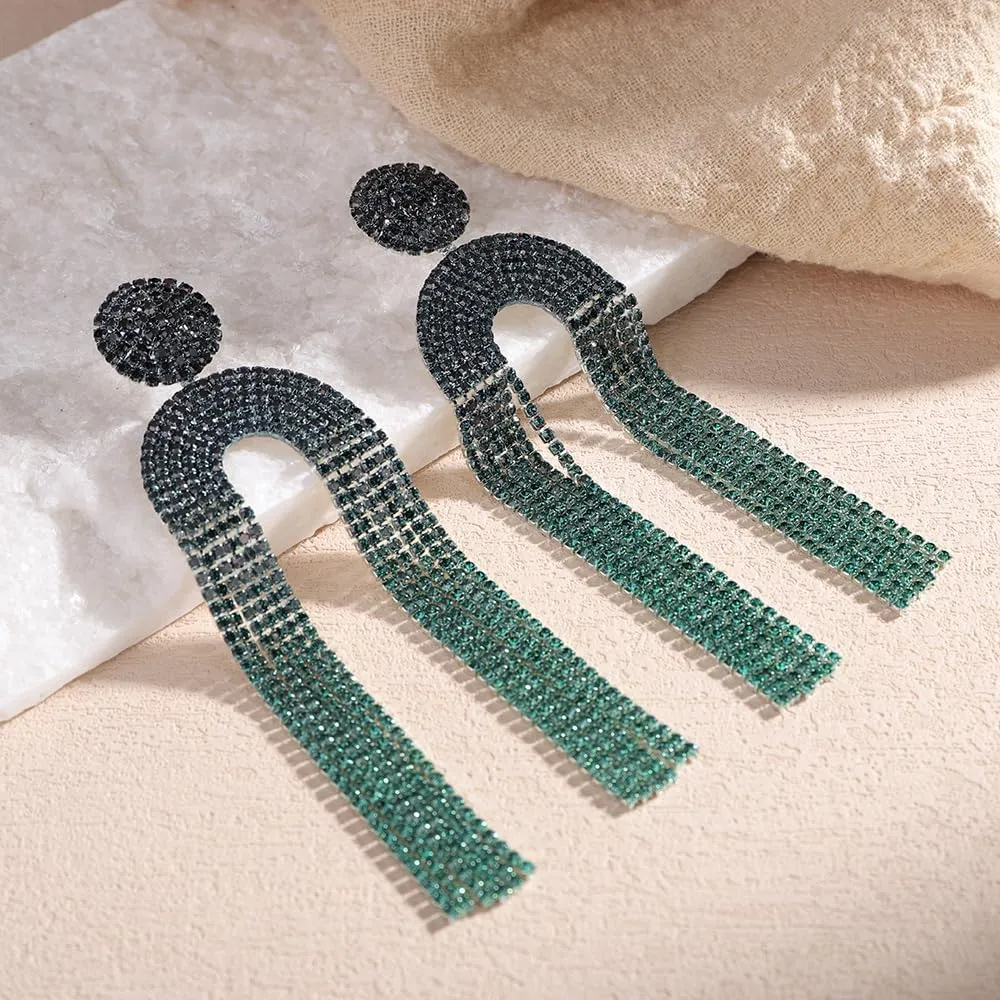 Chargances Elegant Rhinestone Tassel Long Earrings Sparkly Linear Fringe Crystal Dangle Earrings Vintage Bridal Party Statement Jewelry for Women