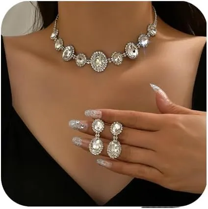 Chargances Elegant Teardrop Rhinestone Necklace and Earrings Set Wedding Crystal Necklace Bridal Dangle Earrings Jewelry Set for Women (Style 4)