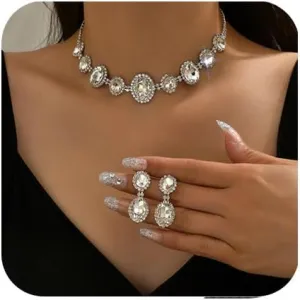 Chargances Elegant Teardrop Rhinestone Necklace and Earrings Set Wedding Crystal Necklace Bridal Dangle Earrings Jewelry Set for Women (Style 4)