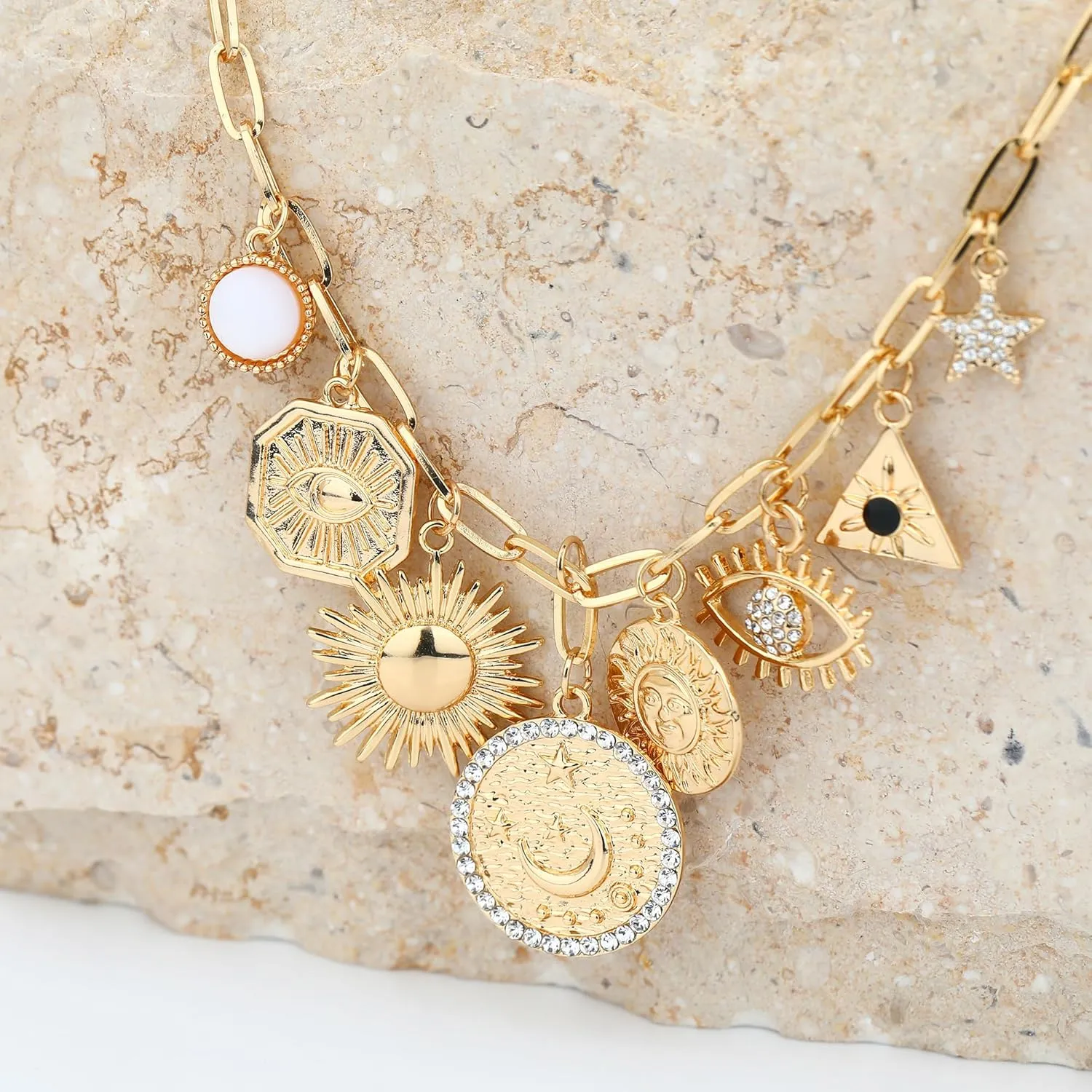 Charm Necklace for Women Gold Evil Eye Sun Moon Flower Coin Pendant Necklace Dainty Paperclip Chain Vintage Luck Amulet Choker Necklaces Celestial Jewelry Gift