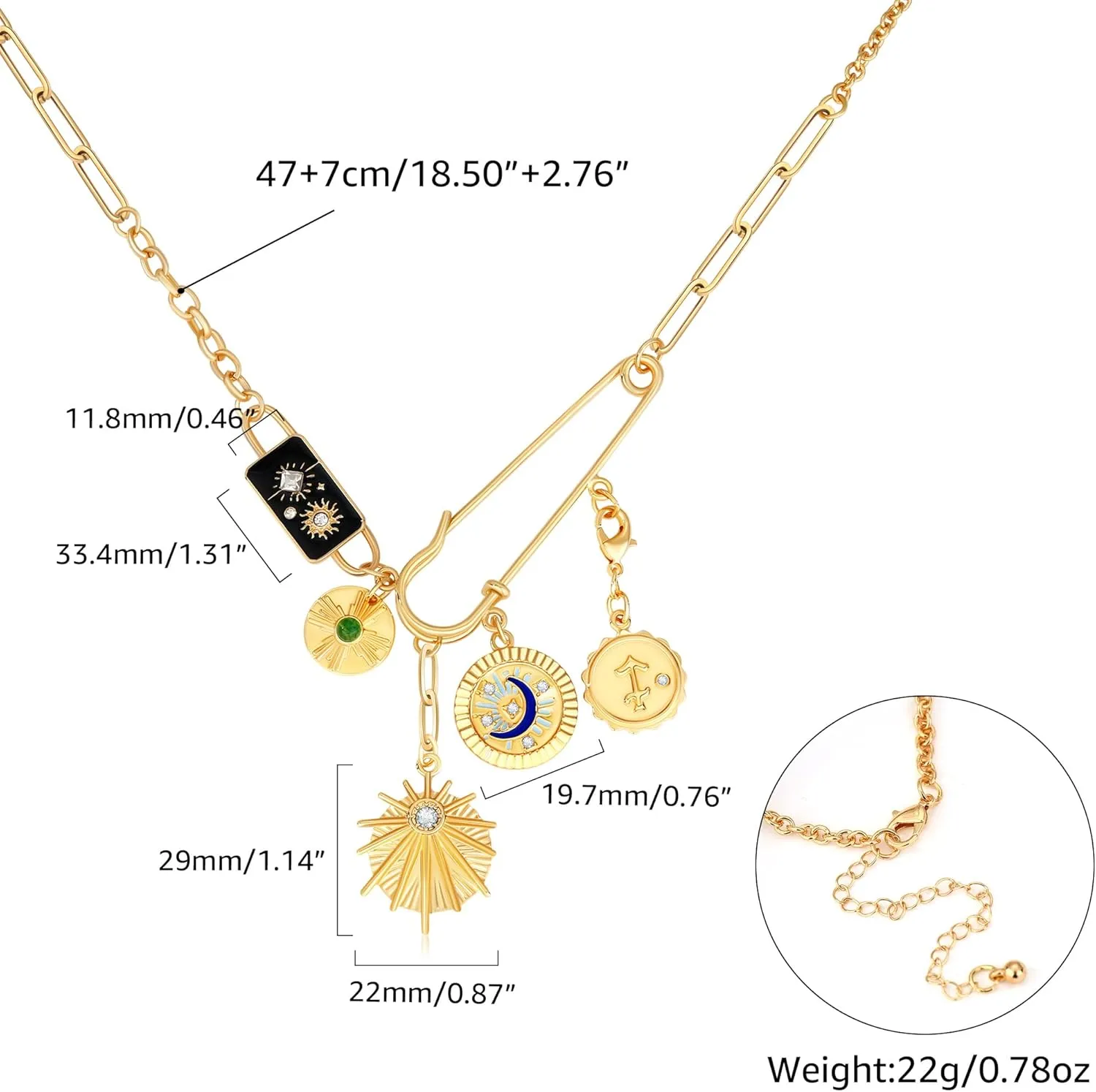 Charm Necklace for Women Gold Evil Eye Sun Moon Flower Coin Pendant Necklace Dainty Paperclip Chain Vintage Luck Amulet Choker Necklaces Celestial Jewelry Gift