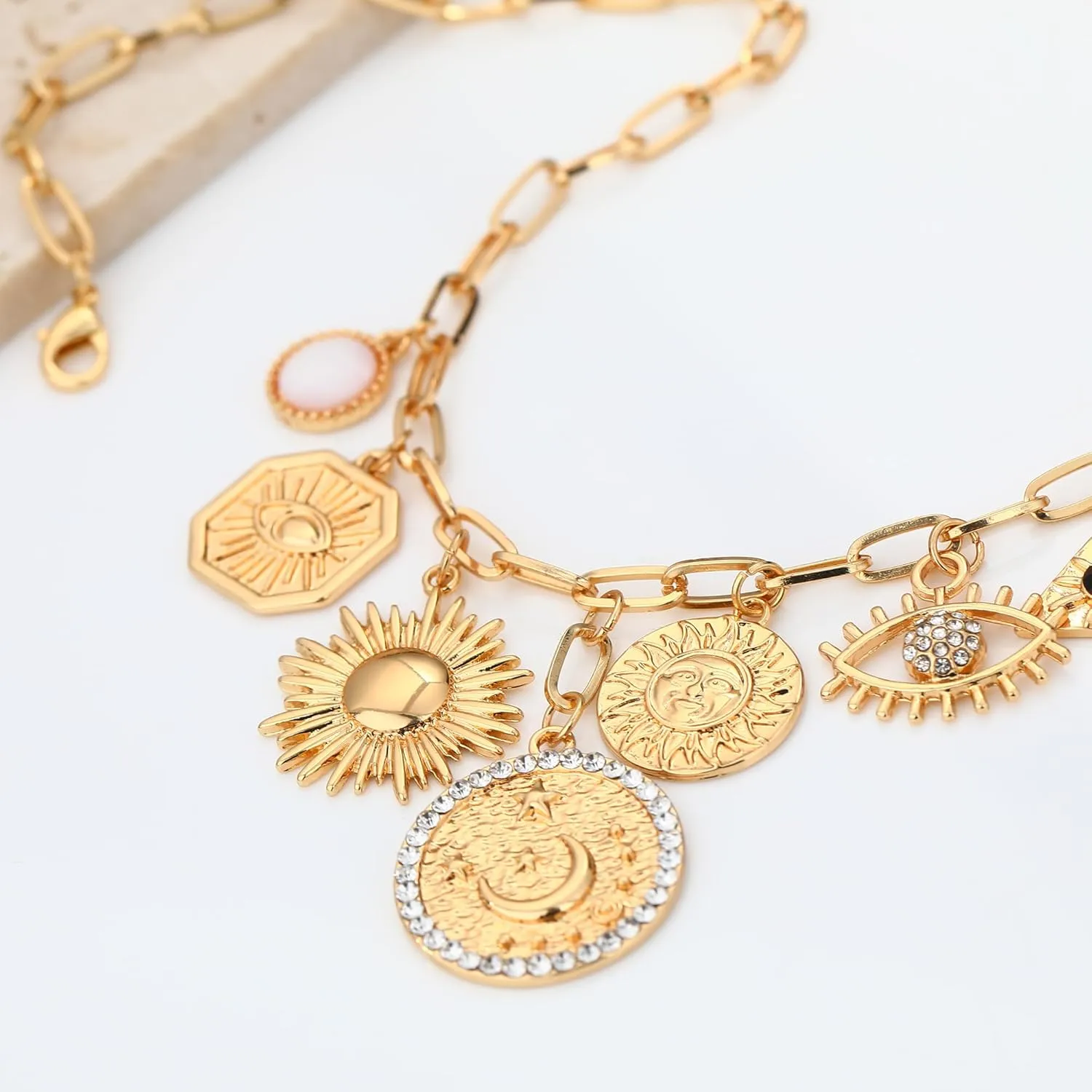 Charm Necklace for Women Gold Evil Eye Sun Moon Flower Coin Pendant Necklace Dainty Paperclip Chain Vintage Luck Amulet Choker Necklaces Celestial Jewelry Gift