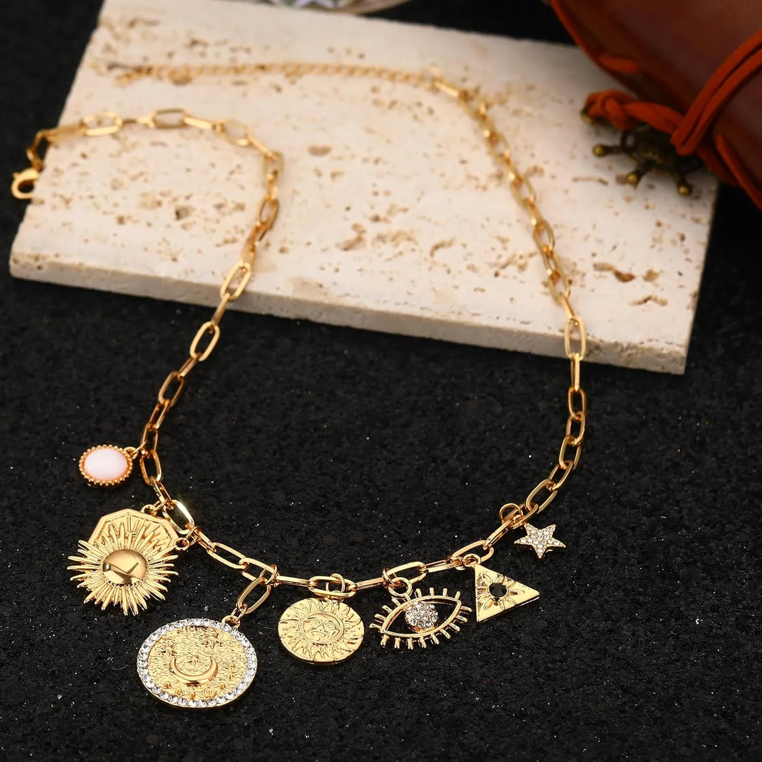 Charm Necklace for Women Gold Evil Eye Sun Moon Flower Coin Pendant Necklace Dainty Paperclip Chain Vintage Luck Amulet Choker Necklaces Celestial Jewelry Gift