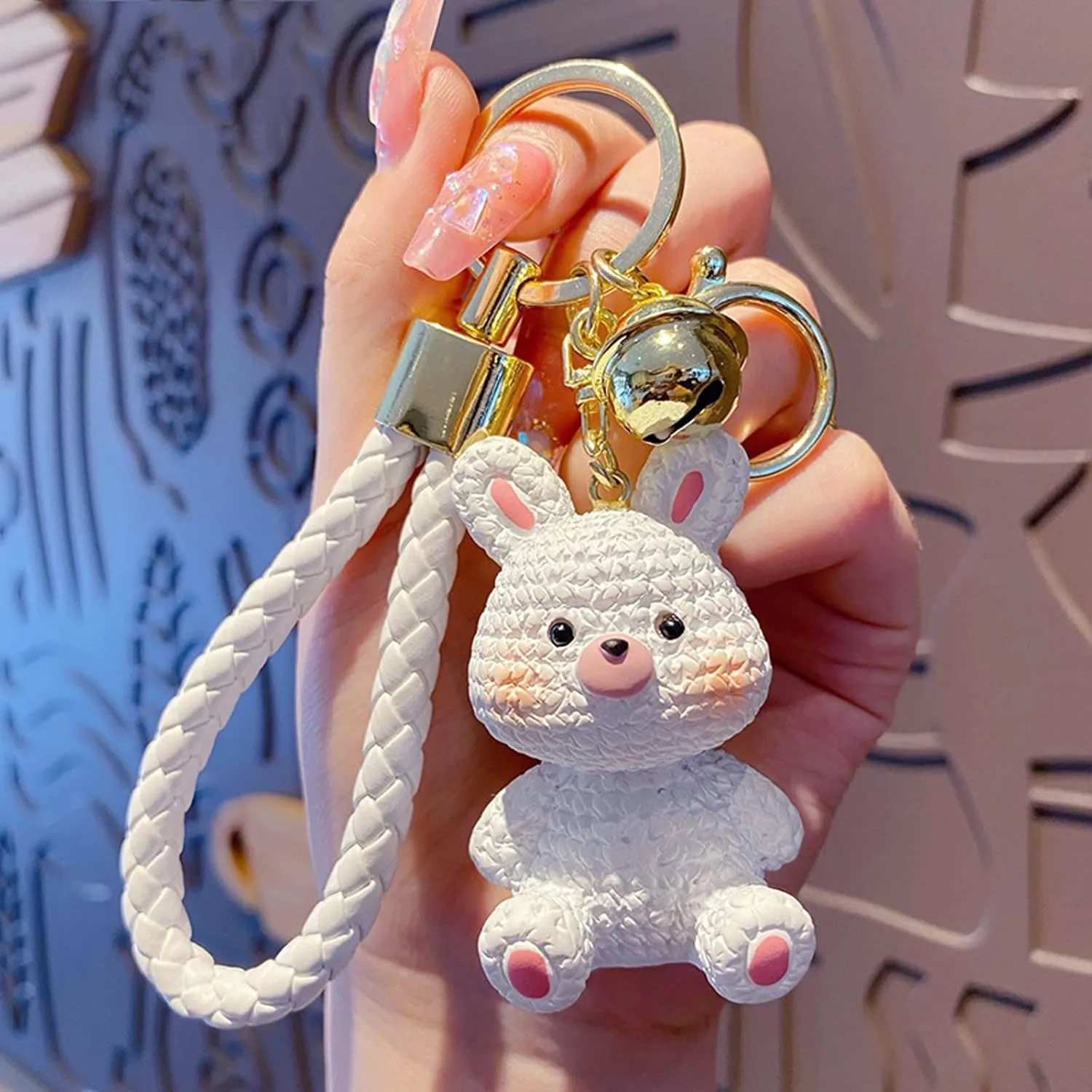 Charms Keychain, Cute White Rabbit Car Key Ring Decoration, Delicate Handbag Keys Resin Accessories Gifts for Kids Boys Girls Women