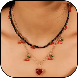 Cherry Charm Necklace Red Heart Necklace Beaded Layered Choker Necklace Halloween Cosplay Jewelry