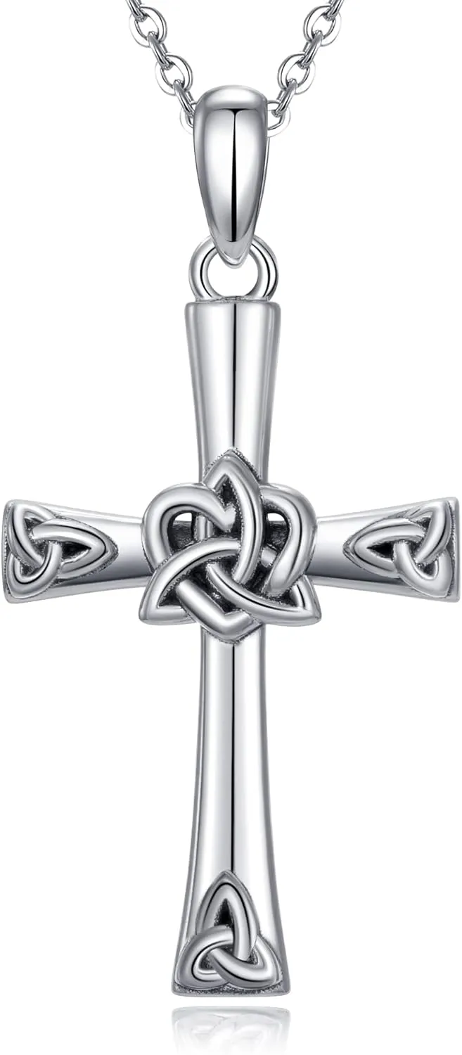 CHIC & ARTSY 925 Sterling Silver Cross Necklace Irish Claddagh Celtic Knot Pendant Necklace Dainty Christian Celtic Trinity Knot Cross Fine Jewelry For Grandma Mom Sister