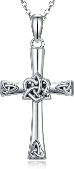 CHIC & ARTSY 925 Sterling Silver Cross Necklace Irish Claddagh Celtic Knot Pendant Necklace Dainty Christian Celtic Trinity Knot Cross Fine Jewelry For Grandma Mom Sister