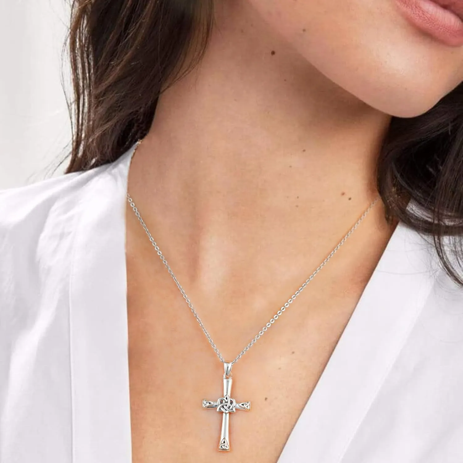 CHIC & ARTSY 925 Sterling Silver Cross Necklace Irish Claddagh Celtic Knot Pendant Necklace Dainty Christian Celtic Trinity Knot Cross Fine Jewelry For Grandma Mom Sister