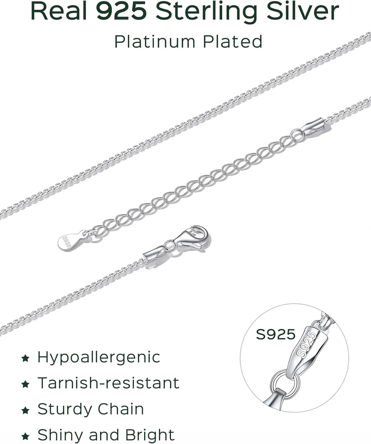 ChicSilver 925 Sterling Silver Necklace Chains Box Chain Necklace for Women Thin 1.3/1.8mm Silver Chain for Necklace - 16/18/20/22/24 Inch (with Gift Box)