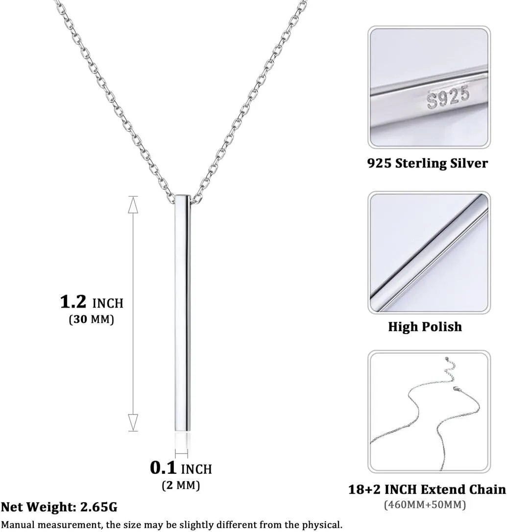 ChicSilver Customizable Vertical Bar Pendant Necklace 925 Sterling Silver Y Necklace Simple Fashion Jewelry Gifts for Women(with Gift Box)