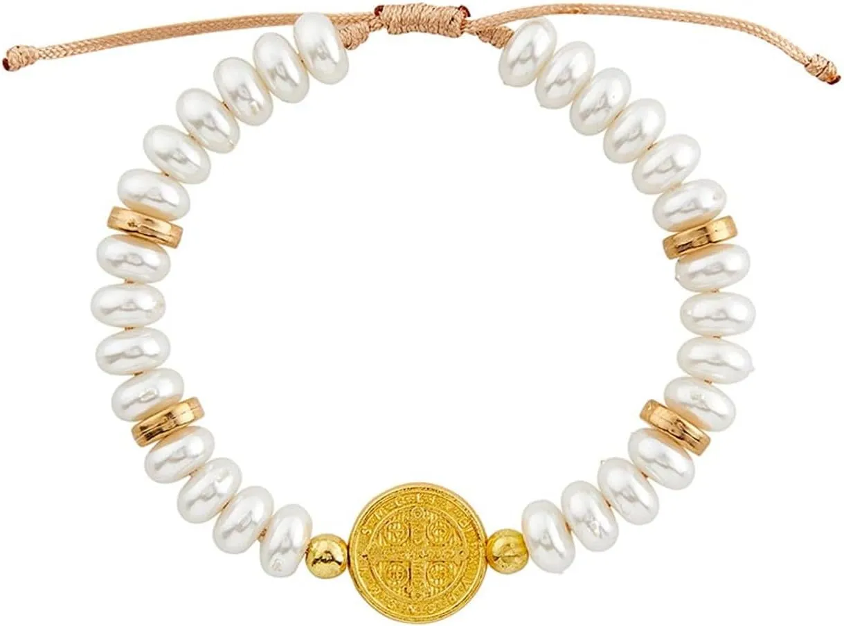 Christian Brands Pearl Saint Benedict, 8 x 3mm Gold Plated Bead, 3.5-inch Length, Imitation Pearl