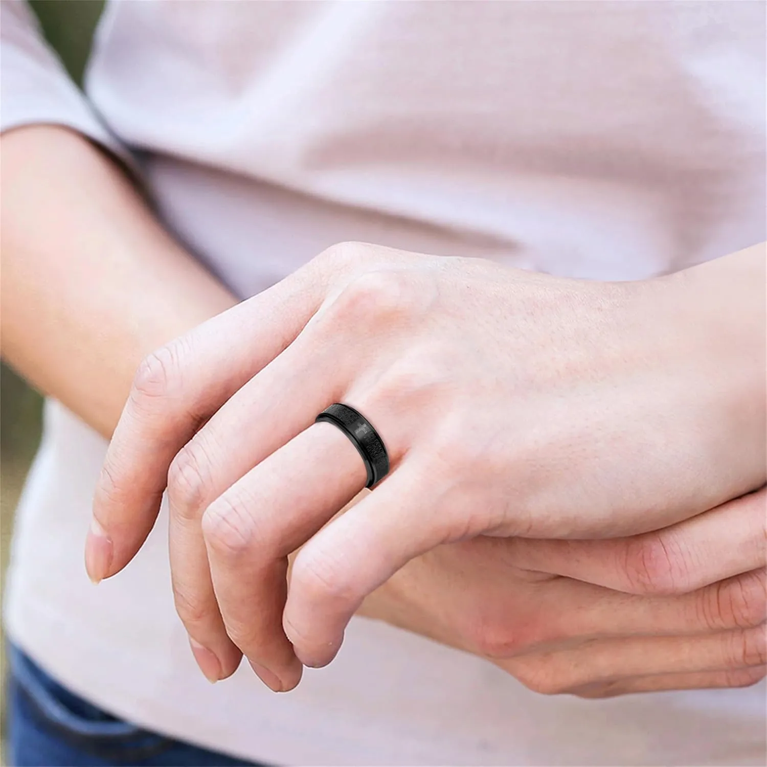Christian Cross Spinner Ring | Black Titanium Steel Scripture Ring | Unisex Adjustable Band | Religious Faith Jewelry for Men and Women | Stylish Faith-Inspired Ring for Everyday Use