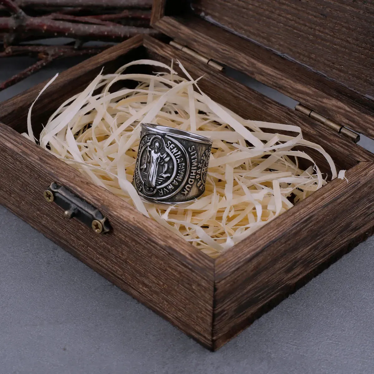 Christian Saint Benedict Religious Cross Catholic Viking Ring