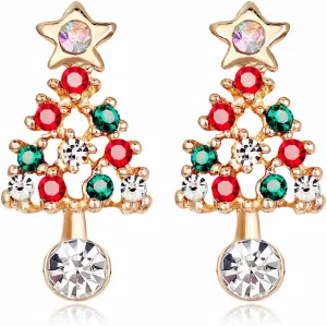 Christmas Tree Crystal Stud Earrings for Women Gold Plated Dainty Elegant Colorful Winter Plant Shiny Rhinestone Zircon Beaded Star Dangle Drop Earrings for Xmas Festival Party Holiday Jewelry Gifts