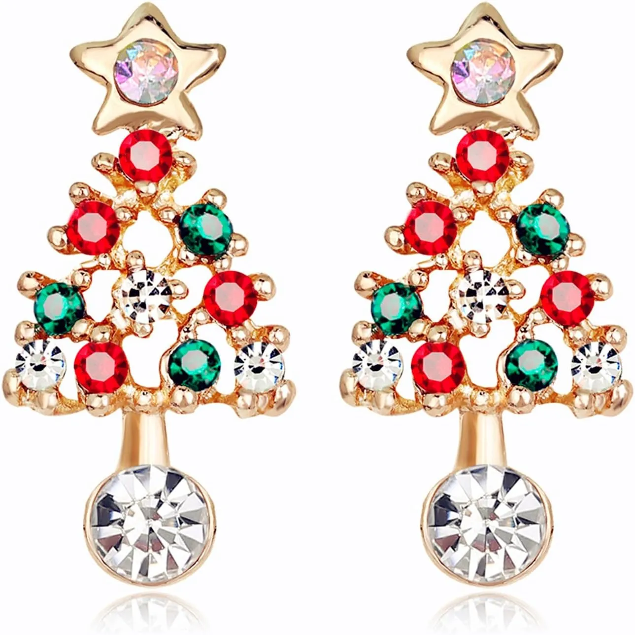 Christmas Tree Crystal Stud Earrings for Women Gold Plated Dainty Elegant Colorful Winter Plant Shiny Rhinestone Zircon Beaded Star Dangle Drop Earrings for Xmas Festival Party Holiday Jewelry Gifts