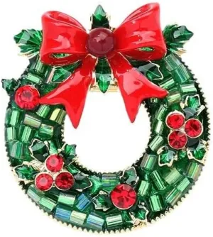 Christmas Wreath Bow Red Green Rhinestones Brooch Pin for Women Girls Cute Bowknot Crystal Leaf Brooches Lapel Pins Backpacks Sweater Corsage Shawl Clip Xmas Festival Party Holiday Ornament Jewelry Gifts