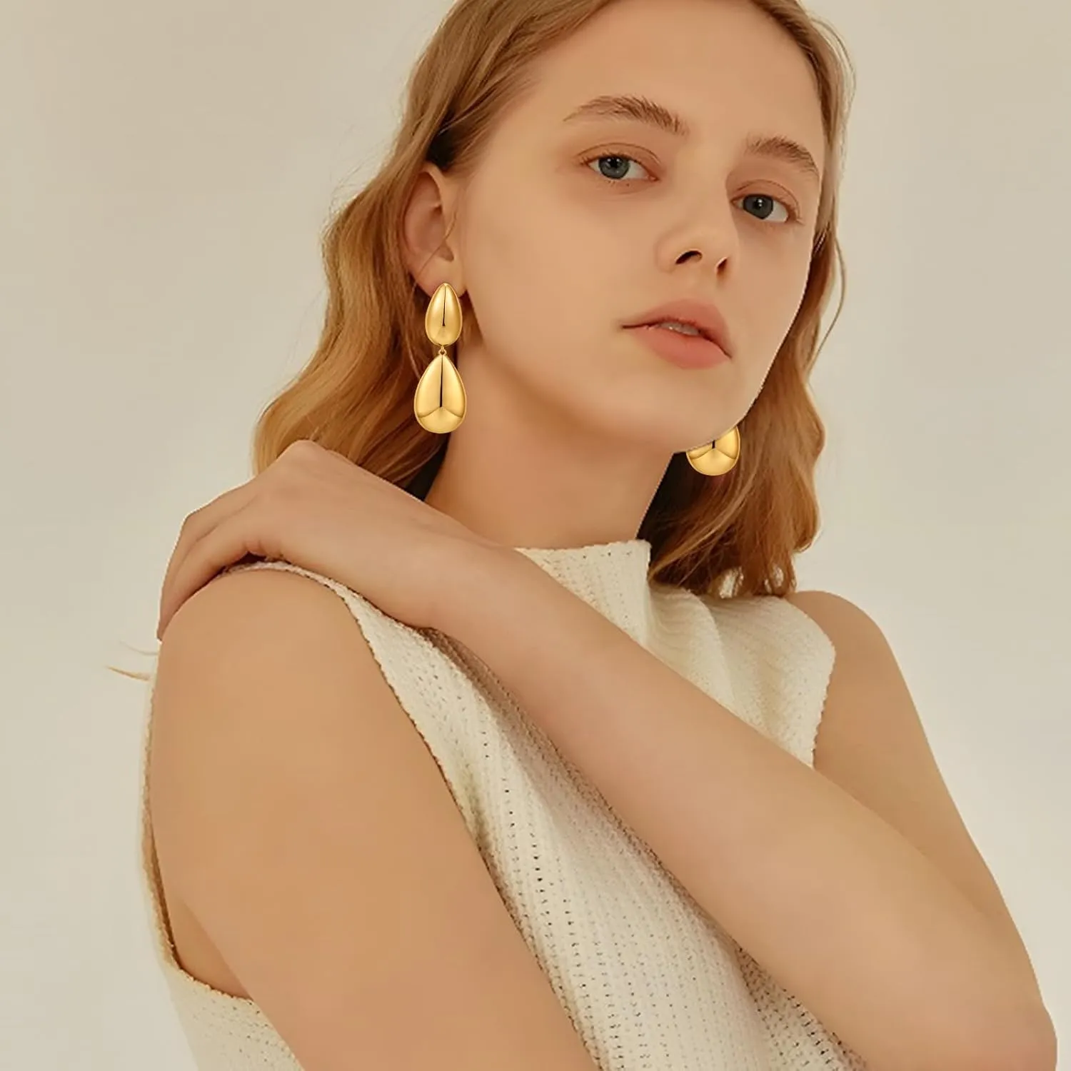 Chunky Gold Earrings for Women - Hammered Gold Plated Dangle Drop Jewelry Gifts