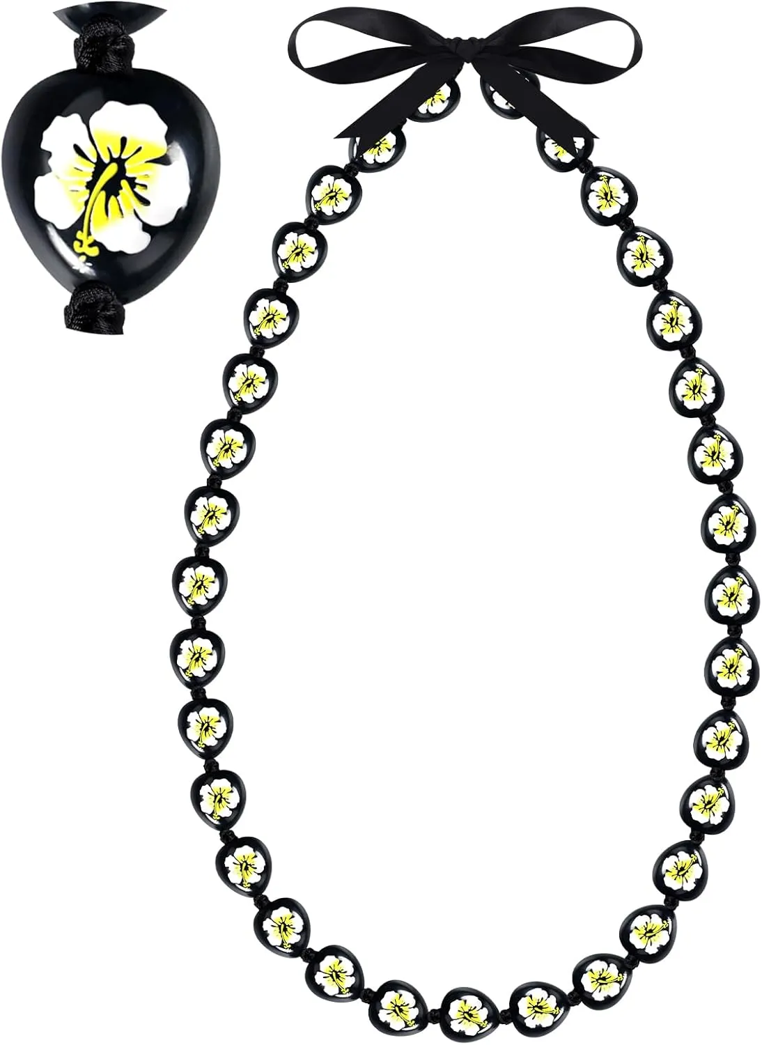 Chunyin Kukui Nut Leis Graduation Beads Lei Necklaces Black Hawaiian Necklace with Flower Pattern Leis Graduation 2025 Money Leis for Men and Women