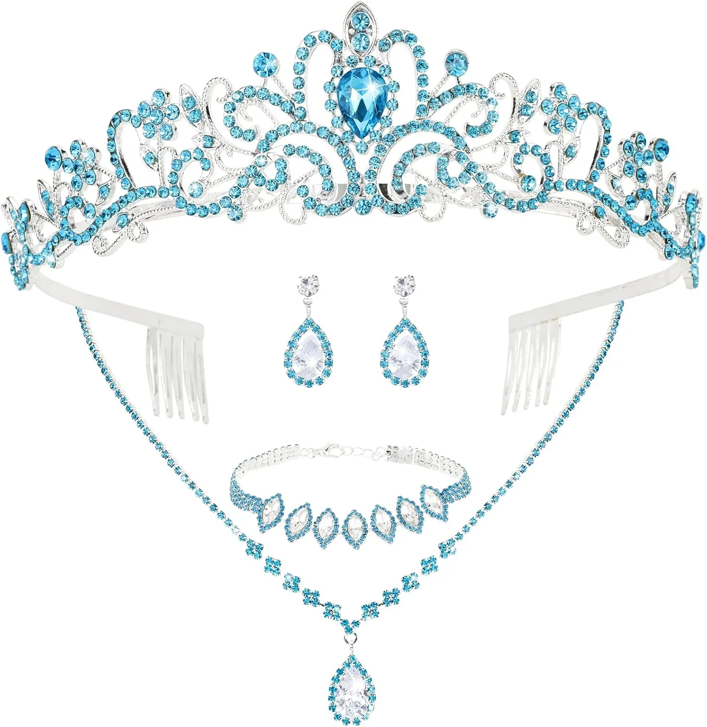 CIEHER 4/5 Pieces Women Jewelry Set - Rhinestone Crown   Drop Necklace   Elegant Bangle Bracelet   Crystal Teardrop Dangle Earrings for Bridal Wedding Party