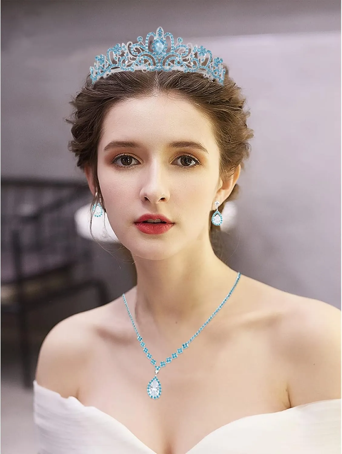 CIEHER 4/5 Pieces Women Jewelry Set - Rhinestone Crown   Drop Necklace   Elegant Bangle Bracelet   Crystal Teardrop Dangle Earrings for Bridal Wedding Party