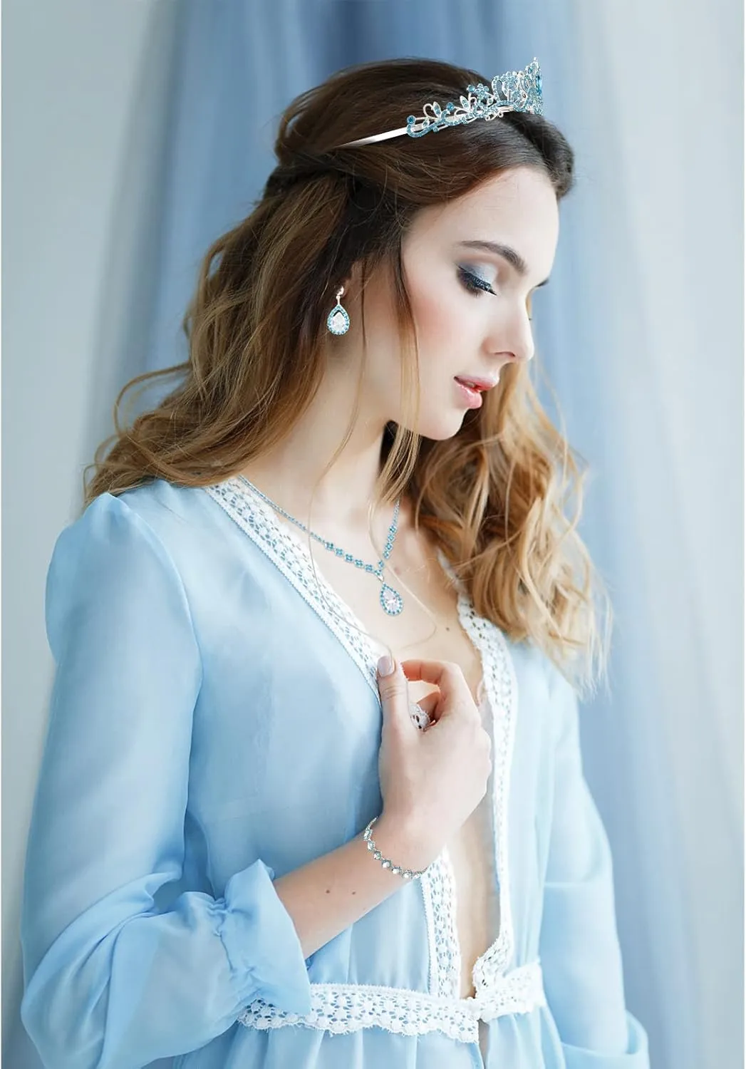 CIEHER 4/5 Pieces Women Jewelry Set - Rhinestone Crown   Drop Necklace   Elegant Bangle Bracelet   Crystal Teardrop Dangle Earrings for Bridal Wedding Party