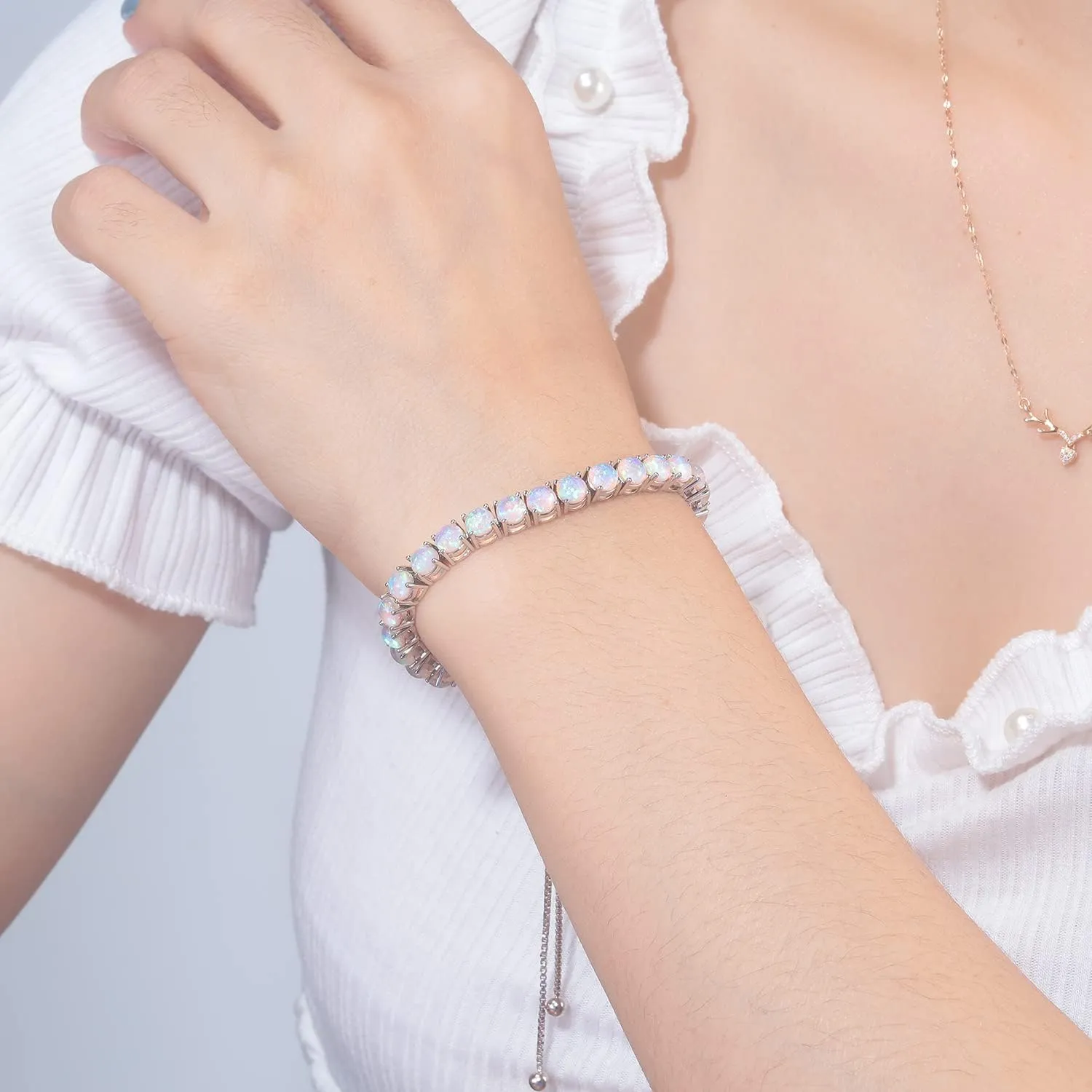 CiNily Adjustable Silver Plated Opal Tennis Bracelet for Women Girls - Fashion Jewelry Gift | Opal Bracelets in Sterling Silver,Rose Gold and Yellow Gold Plating