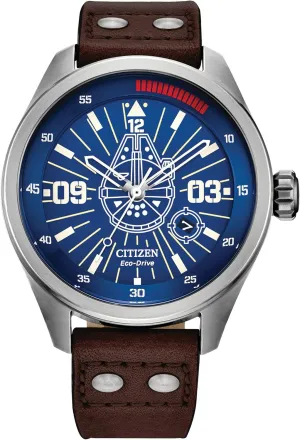 Citizen Eco-Drive Men's Star Wars Han Solo "Sometimes I Even Amaze Myself" Watch, Stainless Steel with Brown Leather Strap, Blue Dial, Luminous, 43mm (Model: AW5009-03W)