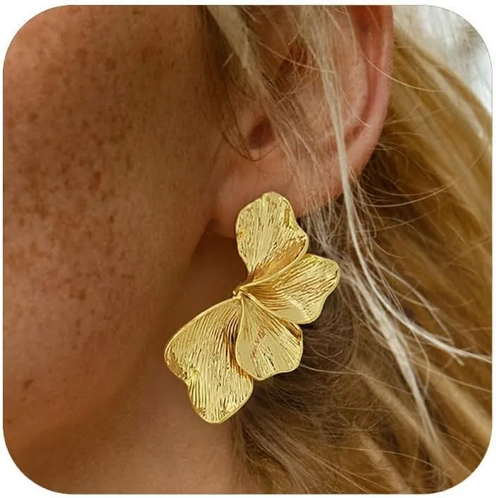 CLASSYZINT Gold Floral Earrings for Women Boho Hypoallergenic Jewelry 4 Styles 3D Flower Studs Everyday Elegant Earrings for Sensitive Ears