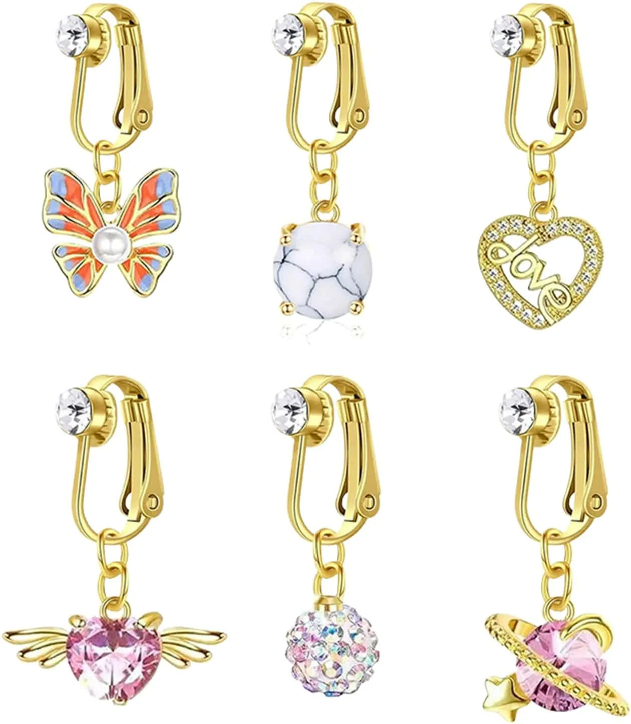 Clip On Belly Button Ring Butterfly Zircon Heart Fake Belly Piercing Umbilical Navel Body Jewelry Trendy Fashion Navel Clip