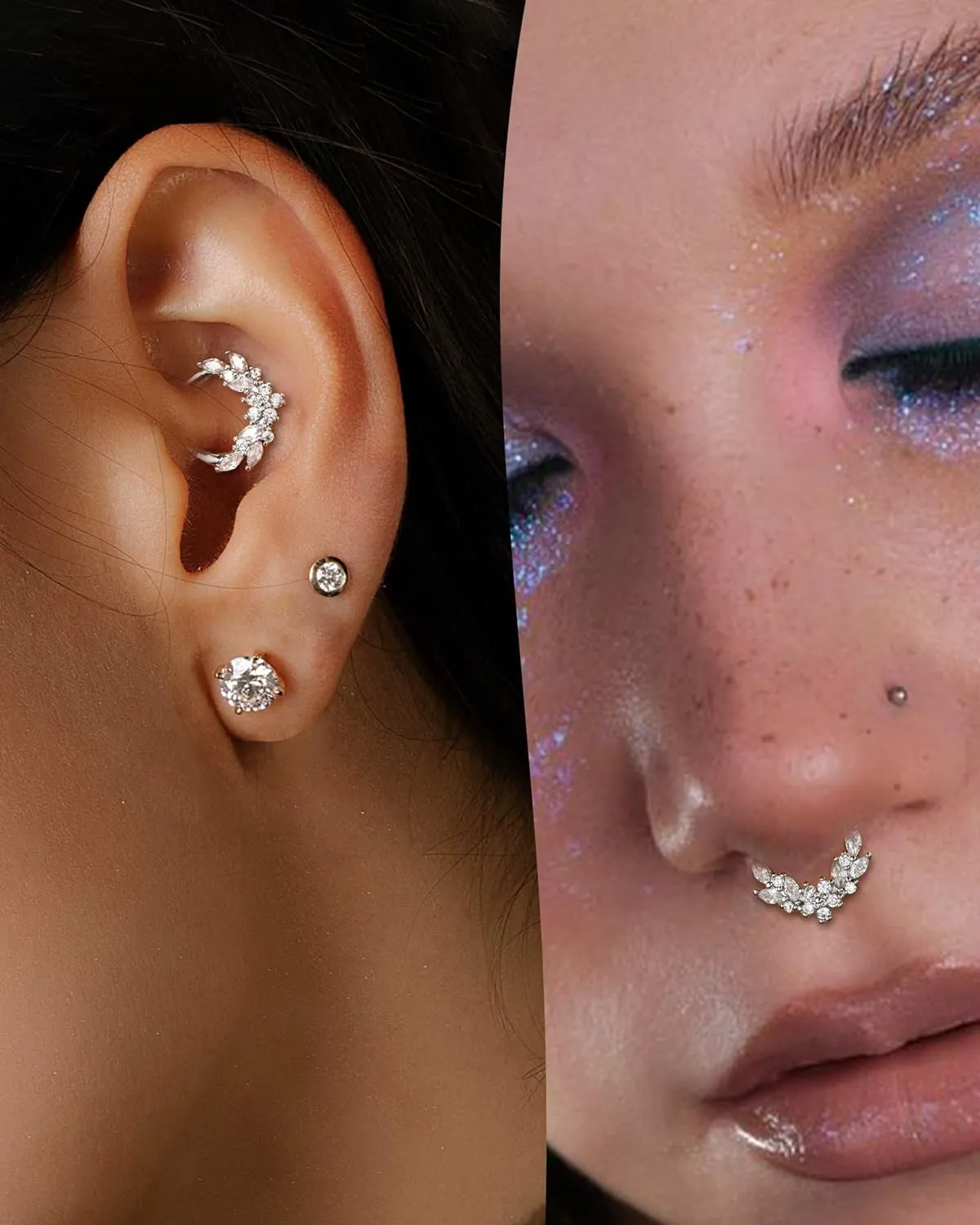 COCHARM Septum Rings, 16G Silver Septum Jewelry, Clear CZ Helix Daith Jewelry, Stainless Steel Rook Daith Piercing Jewelry