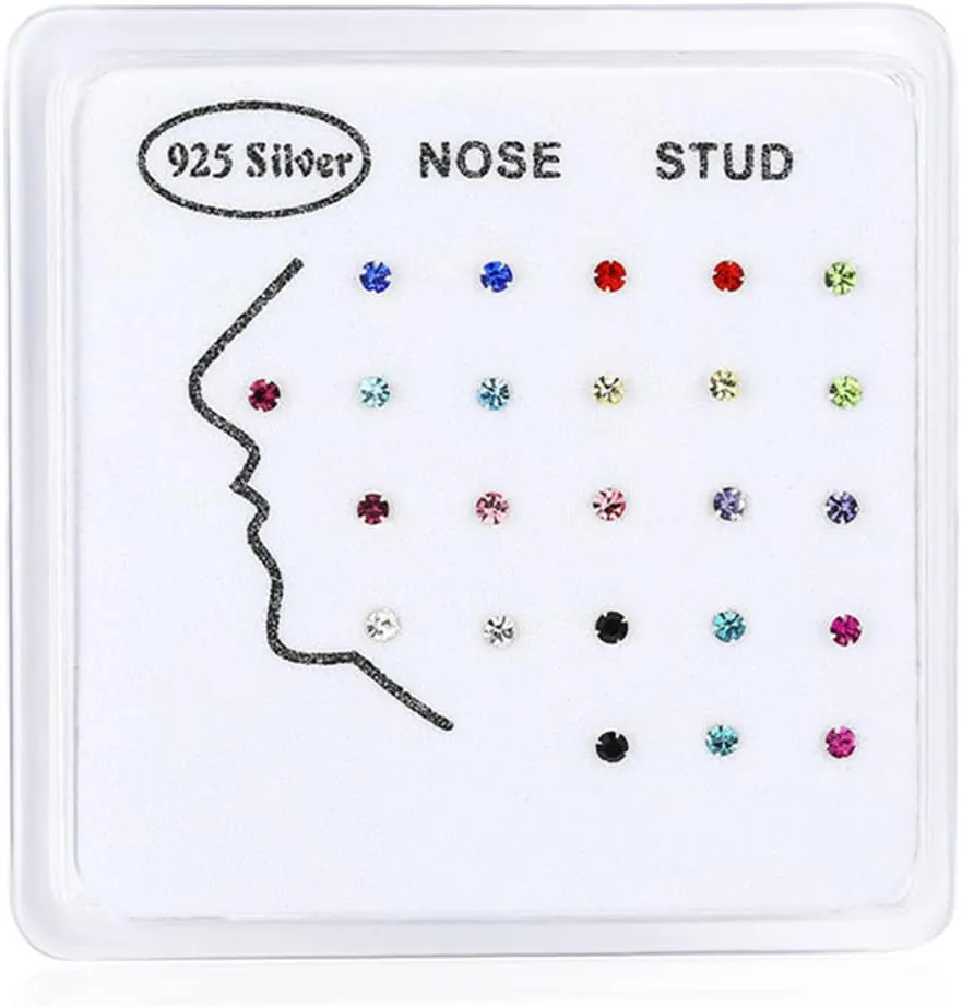 COLORFUL BLING 24Pcs 22G Blue Evil Eye Nose Studs 925 Sterling Silver Inlaid 3MM e Austrian Cubic Zirconia Nose Rings Stud Multicolor for Women Men Nose Body Piercing Jewelry with Box