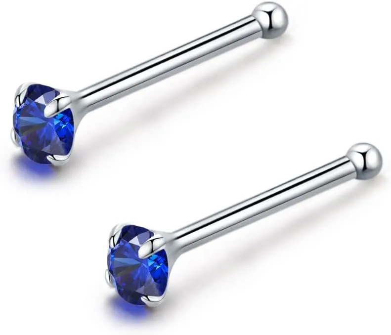 COLORFUL BLING 24Pcs 22G Blue Evil Eye Nose Studs 925 Sterling Silver Inlaid 3MM e Austrian Cubic Zirconia Nose Rings Stud Multicolor for Women Men Nose Body Piercing Jewelry with Box