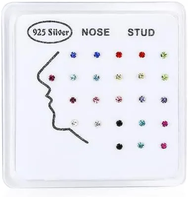 COLORFUL BLING 24Pcs 22G Blue Evil Eye Nose Studs 925 Sterling Silver Inlaid 3MM e Austrian Cubic Zirconia Nose Rings Stud Multicolor for Women Men Nose Body Piercing Jewelry with Box