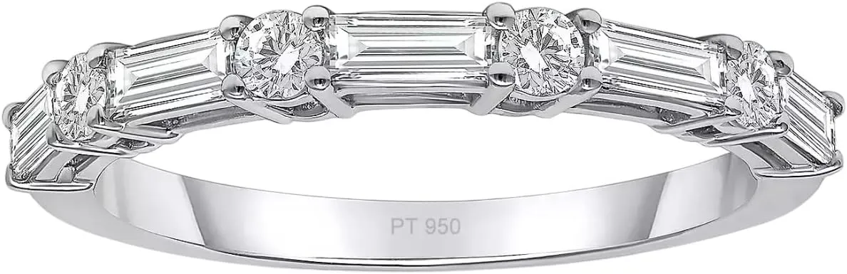 Colorless White Baguette & Round Cut Natural Moissanites 950 Platinum Half Eternity Ring, VVS Clarity, E Color