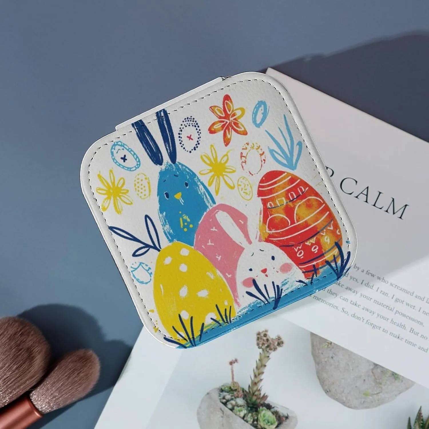 Colourful Easter Eggs And Bunny Travel Jewelry Case,abstract Simple Lines Small Jewelry Box Jewelry Organizer Portable PU Leather Mini Jewelry Case for Girls Womens Earring Necklace Rings Bracelet