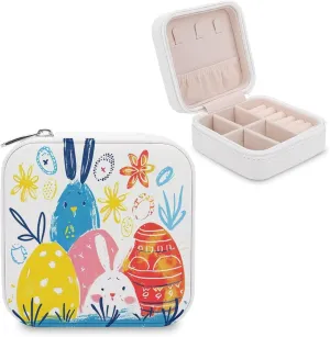 Colourful Easter Eggs And Bunny Travel Jewelry Case,abstract Simple Lines Small Jewelry Box Jewelry Organizer Portable PU Leather Mini Jewelry Case for Girls Womens Earring Necklace Rings Bracelet