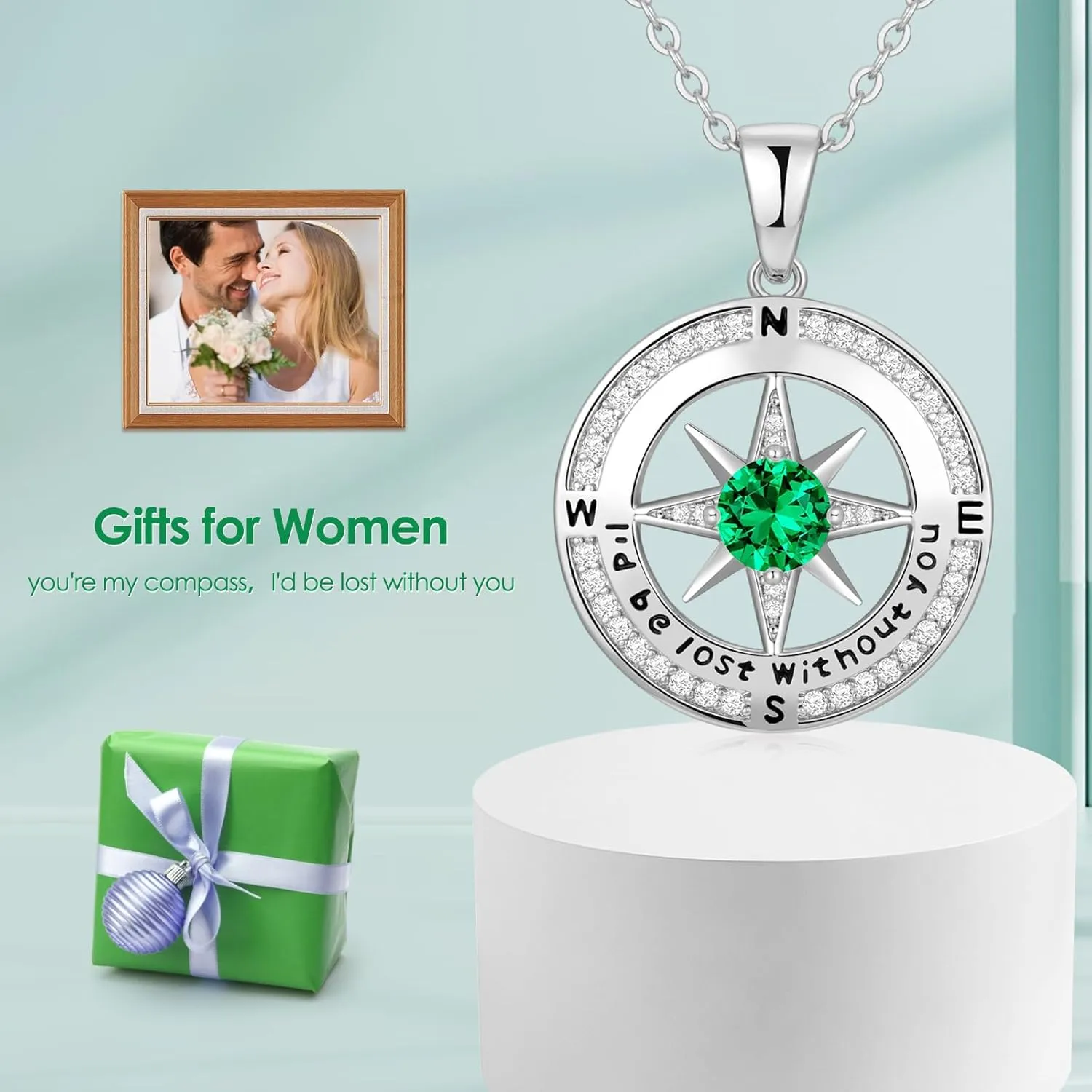 Compass Necklace Gifts for Women wife - S925 Sterling Silver Birthstone Necklaces for Women - Anniversary Birthday Gifts for Her Wife Girlfriend - Valentines Mom Mothers Day Christmas Gifts Jewelry for Women