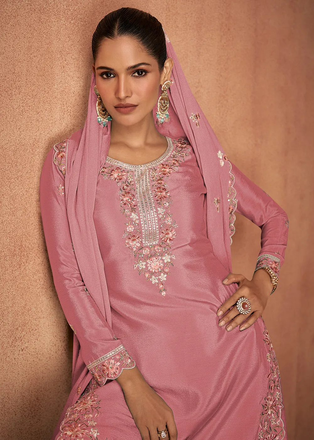 Coral Pink Chinnon Silk Festive Style Palazzo Suit