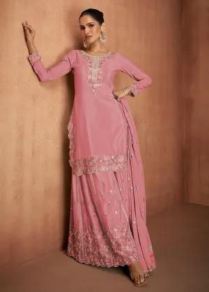 Coral Pink Chinnon Silk Festive Style Palazzo Suit